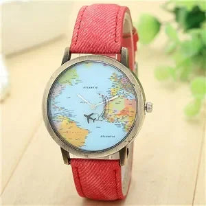 Montre décontractée pour hommes et femmes — carte du monde, avion, tissu denim, cadeau