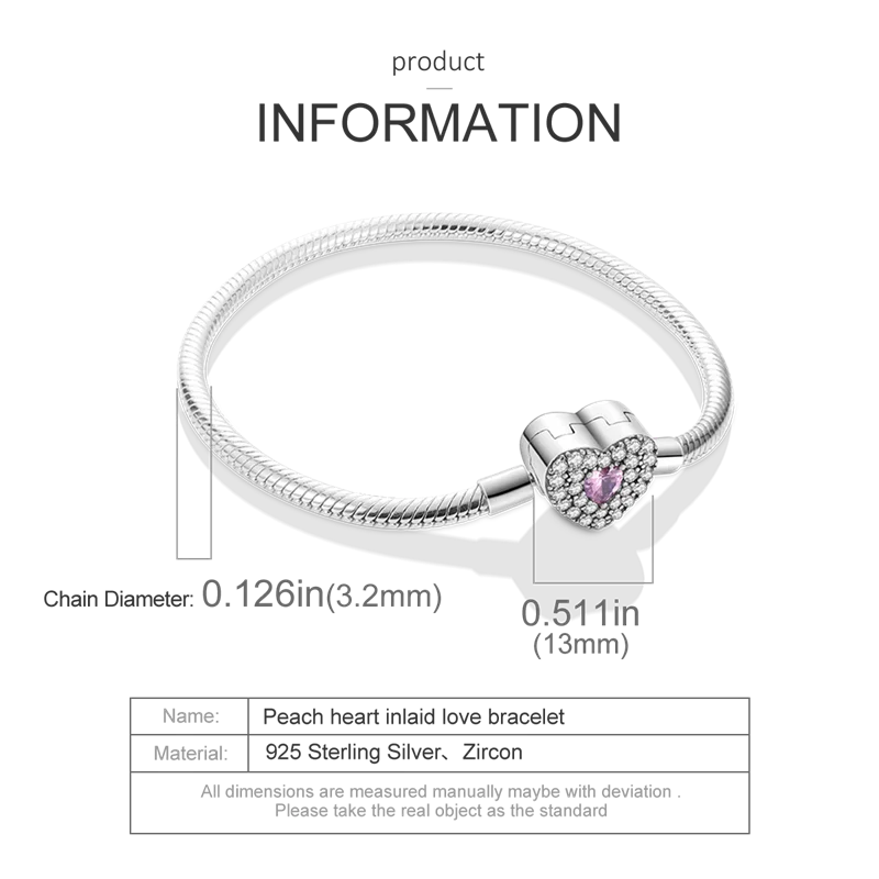 Pulsera de moda S925 de plata chapada con corazón de melocotón de amor brillante con circonitas para mujer, abalorios de bricolaje, cuentas finas, joyería de cumpleaños, bricolaje