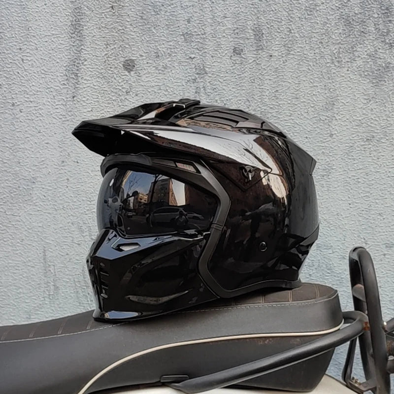 ORZ Vintage Motorcycle Helmet Black Warrior Motorcycle Helmet Combination Half Helmet Full Helmet Cruising Cascos Motorcross Capacetes