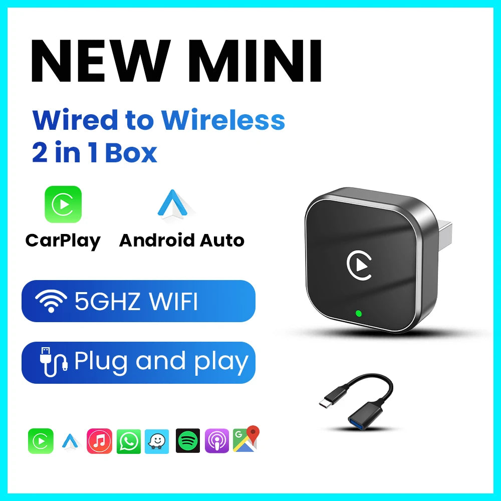PLAYAIBOX Inalámbrico 2 en 1 CarPlay Android Auto Inalámbrico Supermini Box Adaptador Plug And Play Dongle Bluetooth WiFi Conexión Rápida