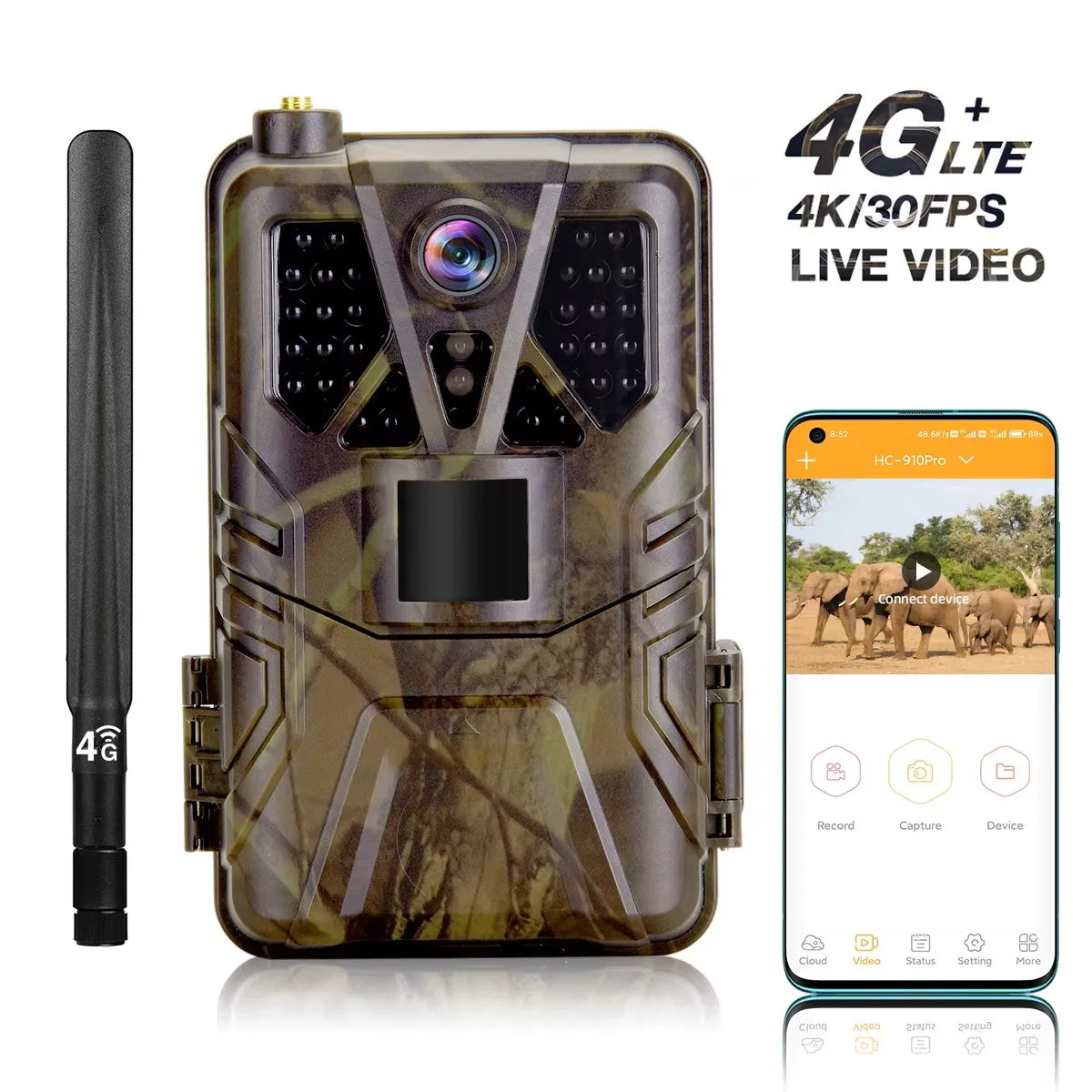 Caméra de chasse 4K 30fps avec contrôle par application, service cloud, 4G, 30MP, diffusion en direct, vision nocturne, piège photo pour la chasse sauvage HC910PRO