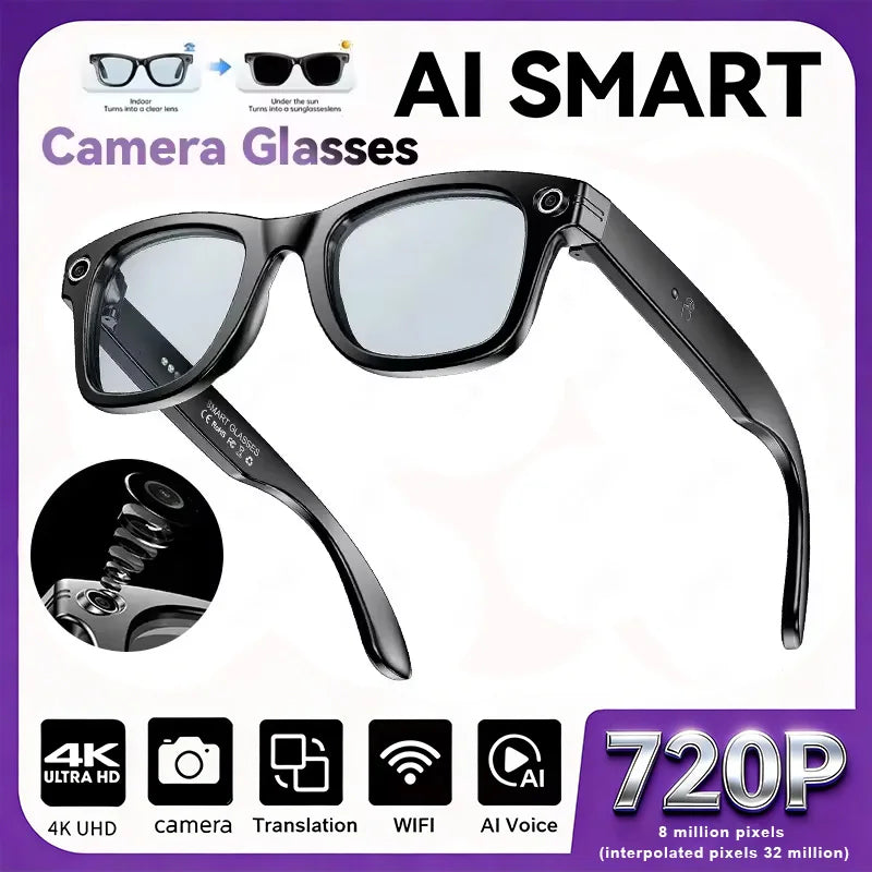 Lunettes Intelligentes AI — Caméra, Enregistrement Vidéo, Traduction Vocale, Bluetooth, Soleil