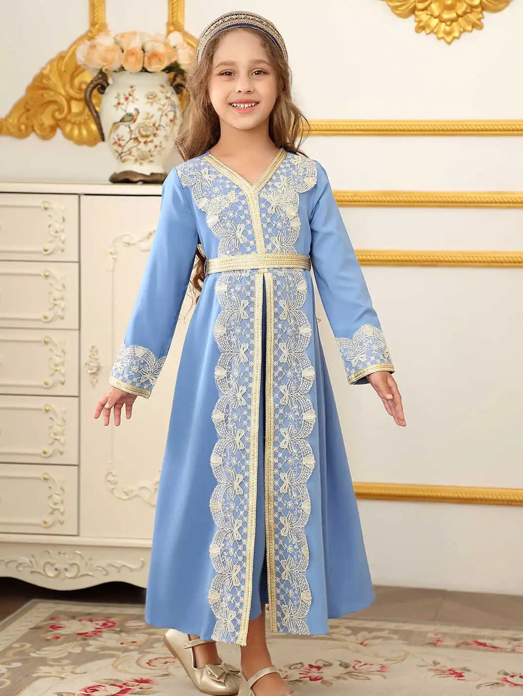 Vestido de encaje étnico de Oriente Medio marroquí para niñas musulmanas de Dubái, disfraz de Festival de Ramadán para boda islámica