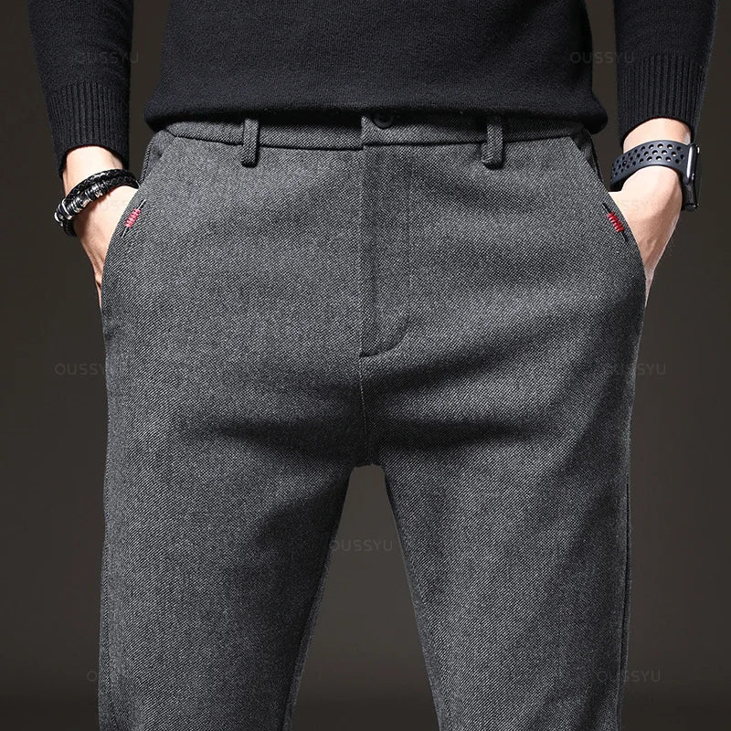 Pantalon décontracté pour homme, coupe slim, taille élastique, extensible, en coton épais, gris et noir, style business, nouvelle collection printemps