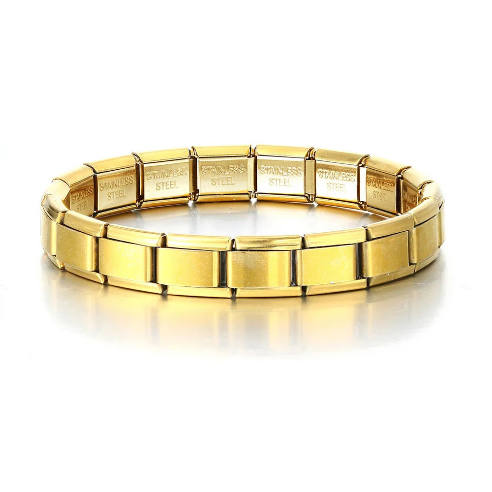 Pulseras cuadradas de acero inoxidable para mujeres y hombres, módulos italianos de metal HipHop, elásticas, regalo, joyería de fiesta de cumpleaños, a la moda