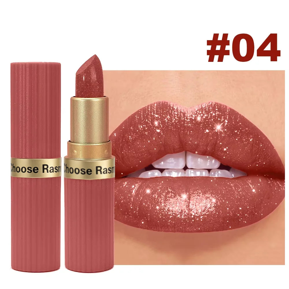 Rouge à lèvres velours rose nacré, métallique, imperméable, longue durée, mat, scintillant, diamant, maquillage cosmétique pour femmes