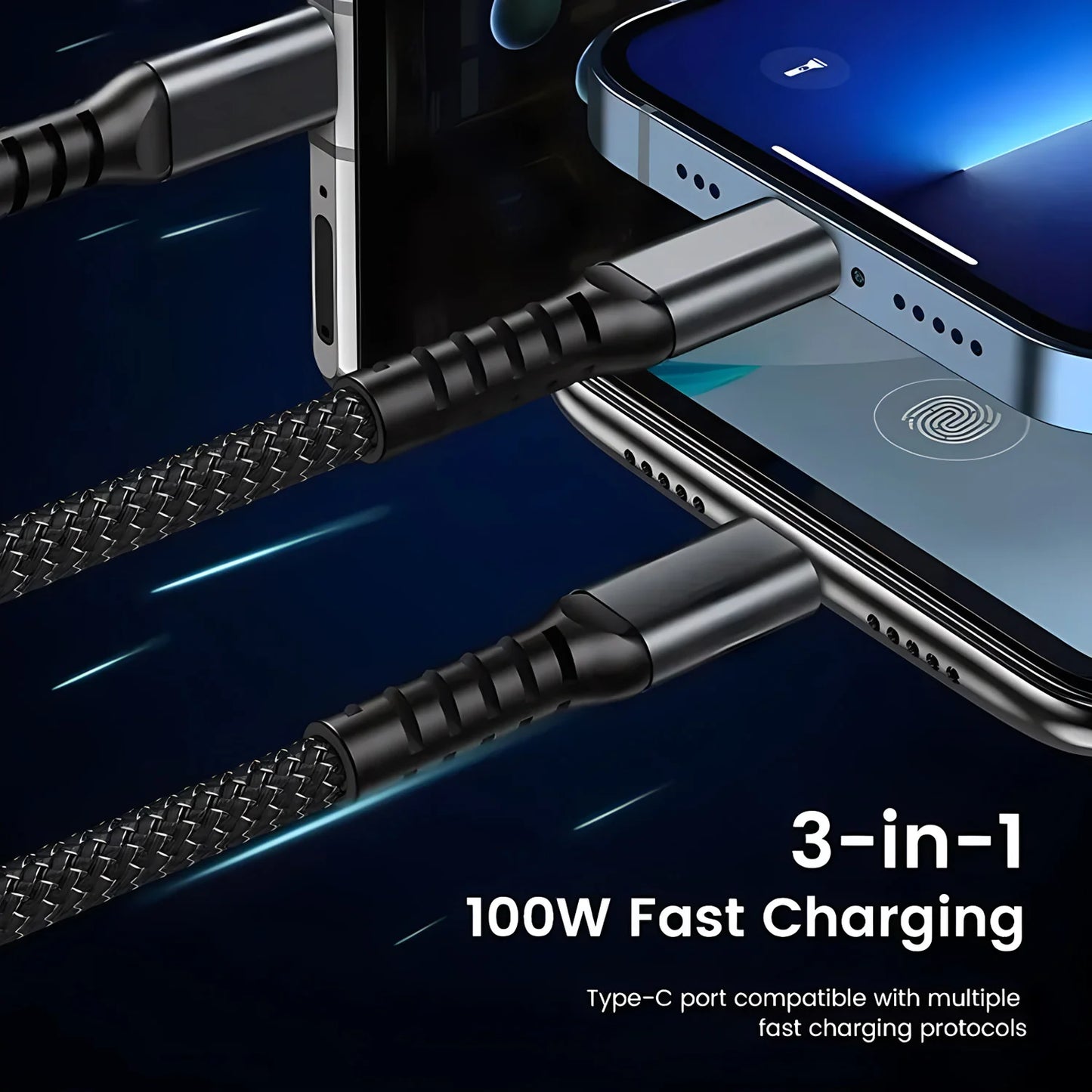100W Fast Charging Cable, Braided Nylon Multi Charger Cable, Universal 3-in-1 Multiple USB Charging Cord Adapter with Micro Type-C