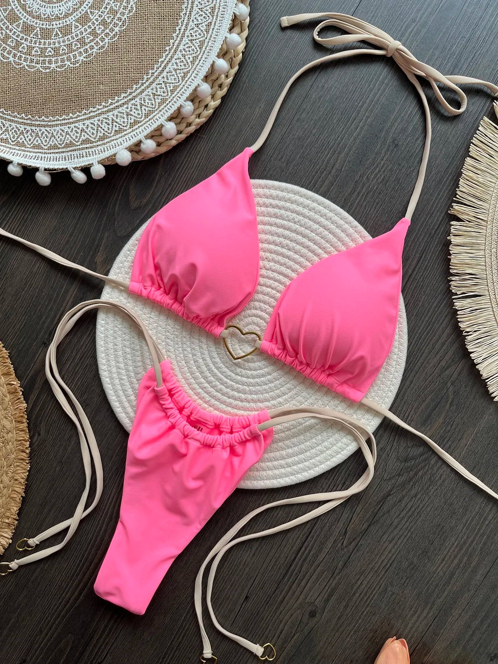RUOTONSEPT-Maillot de bain deux pièces sexy pour femme, bikini brésilien, couleur unie, col licou, triangle, culotte tanga