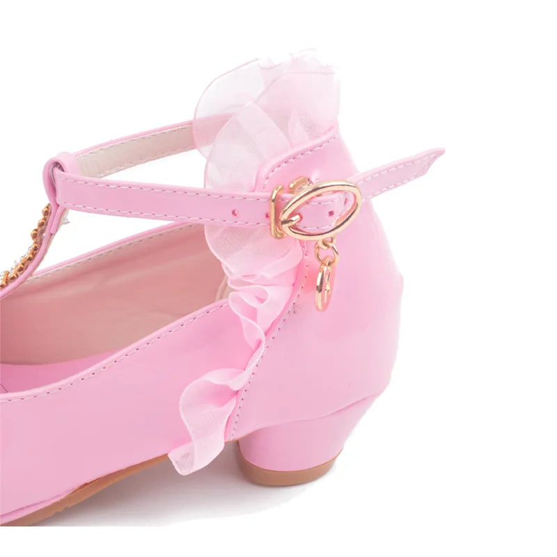 ULKNN Girls high heel sandals pink leather buckle strap children's gladiators white bow tie shoes size 26-37 soft toddler shoes