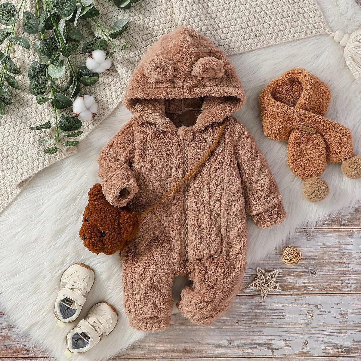 Combinaison Bébé Garçon Hiver Peluche À Capuche — Manches Longues Fermeture Éclair