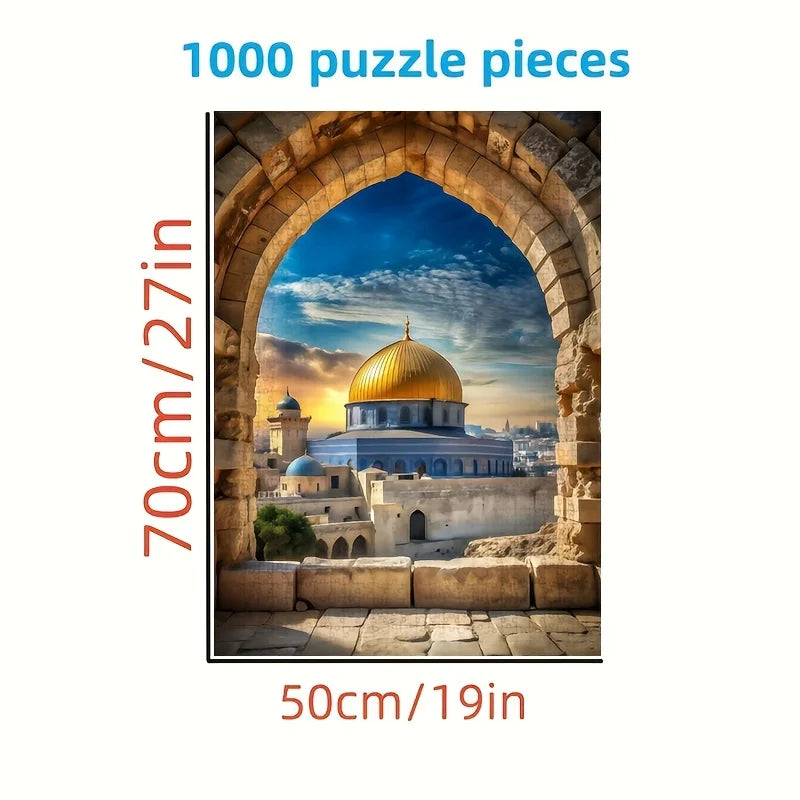 Rompecabezas de 1000 piezas Cúpula de la Roca, Jerusalén, horizonte, escena de atardecer azul y dorado, rompecabezas para adultos desafiante para la familia Buen