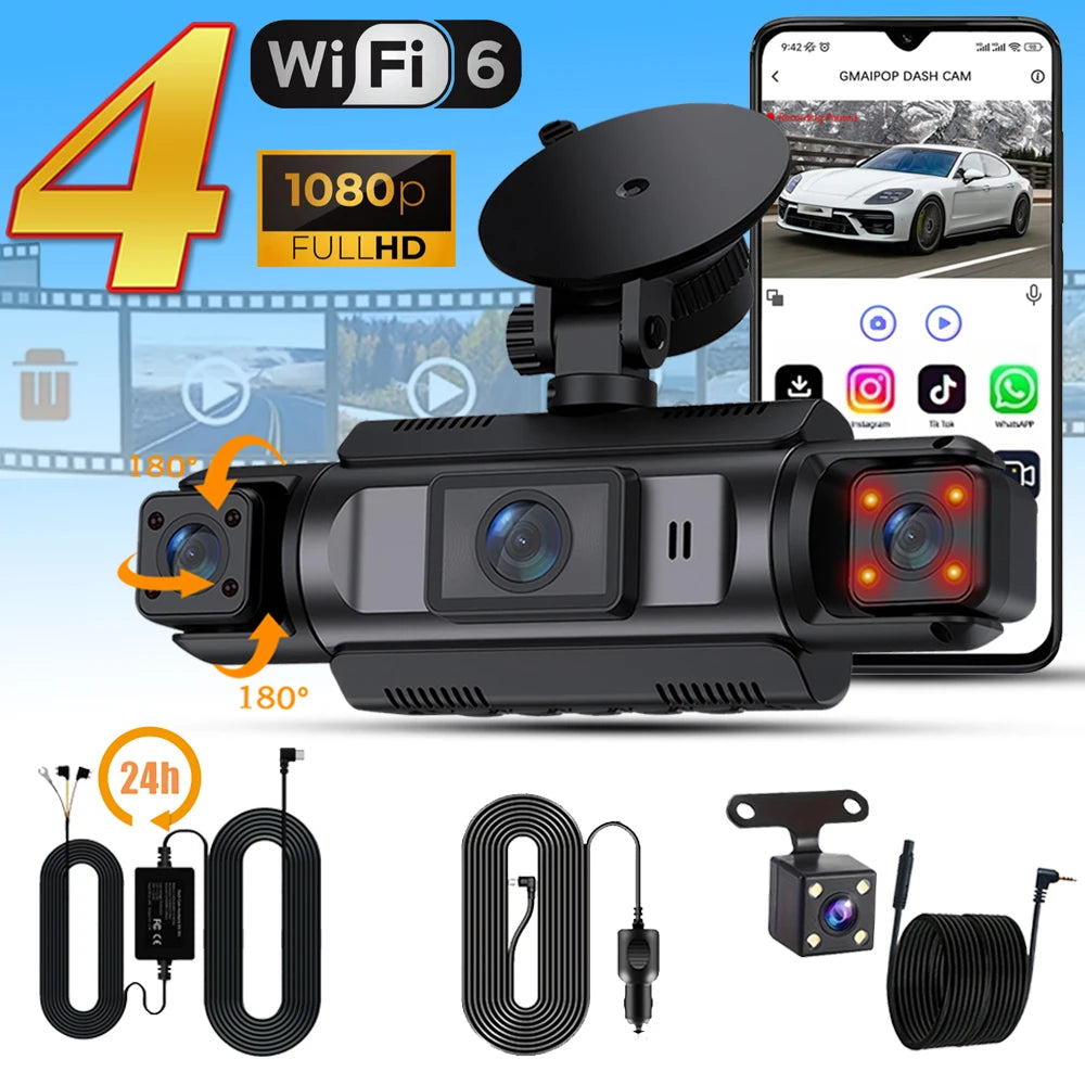 Dashcam WiFi 4 Canaux FHD 1080P — Boîte Noire Vision Nocturne Kit Câbles Rigides