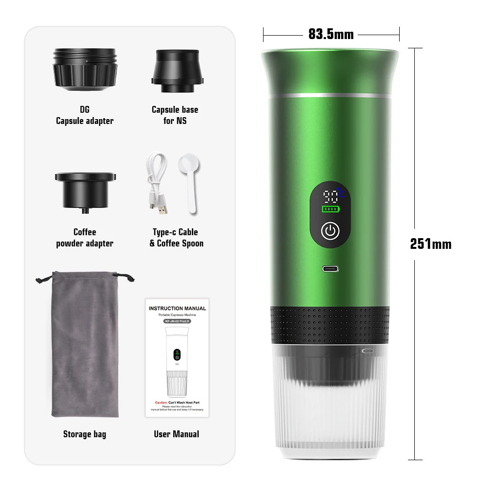 Máquina de café exprés portátil inalámbrica DENOKIN para coche y camping, depósito de agua de 80 ml, pantalla digital, cafetera de viaje 3 en 1 para cápsulas y polvos