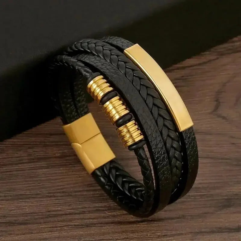 Bracelet multicouches en cuir PU pour hommes, fermeture Magnut, cuir ondulé, couleur or, Tube métallique, breloque, bijoux hip hop à la mode
