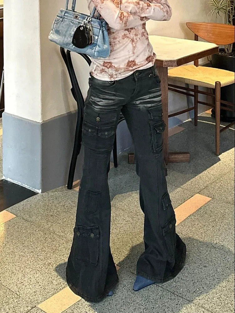 Pantalones vaqueros acampanados negros vintage delgados de 2025 Cyber Y2K Streetwear Cargo, ropa para mujer, pantalones de señora con múltiples bolsillos