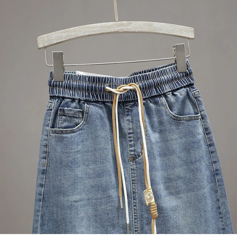 Falda coreana de talla grande 5XL de mezclilla, maxi falda de primavera verano para mujer, faldas largas de jean con cordones, falda vaquera de media longitud con línea A para mujer