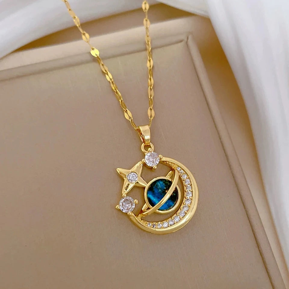 Collar de la serie Star Series para mujer, acero de titanio de lujo ligero, documento en oro, colgante de astrónomo planeta luna, collares de la presidencia, joyas de regalo