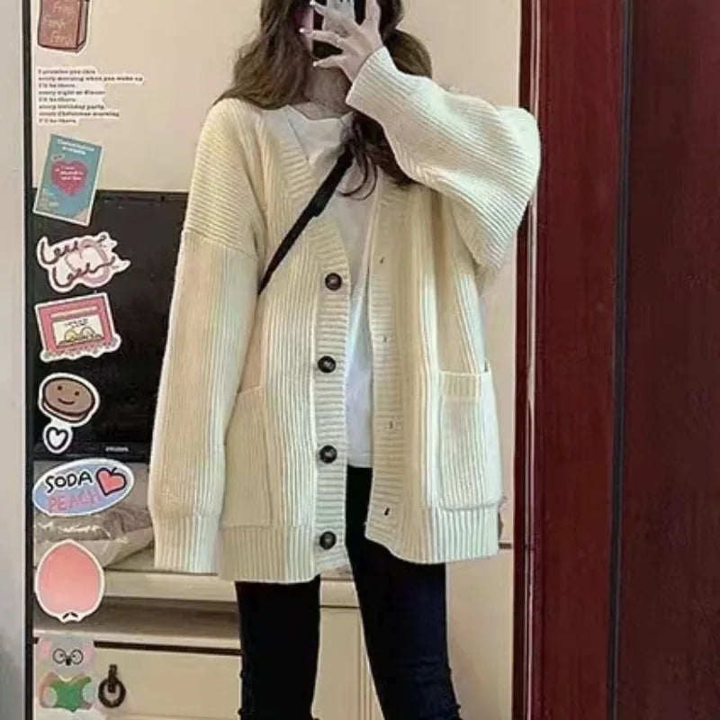 Automne hiver femmes Cardigan pull manteaux mode femme à manches longues col en v lâche tricoté vestes pull décontracté Cardigans