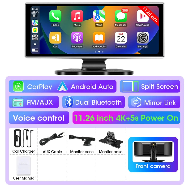 10/11.26 pulgadas Dash Cam 4K coche DVR inalámbrico Carplay y Android Auto GPS Navegación grabadora de vídeo de salpicadero doble lente Wifi FM AUX