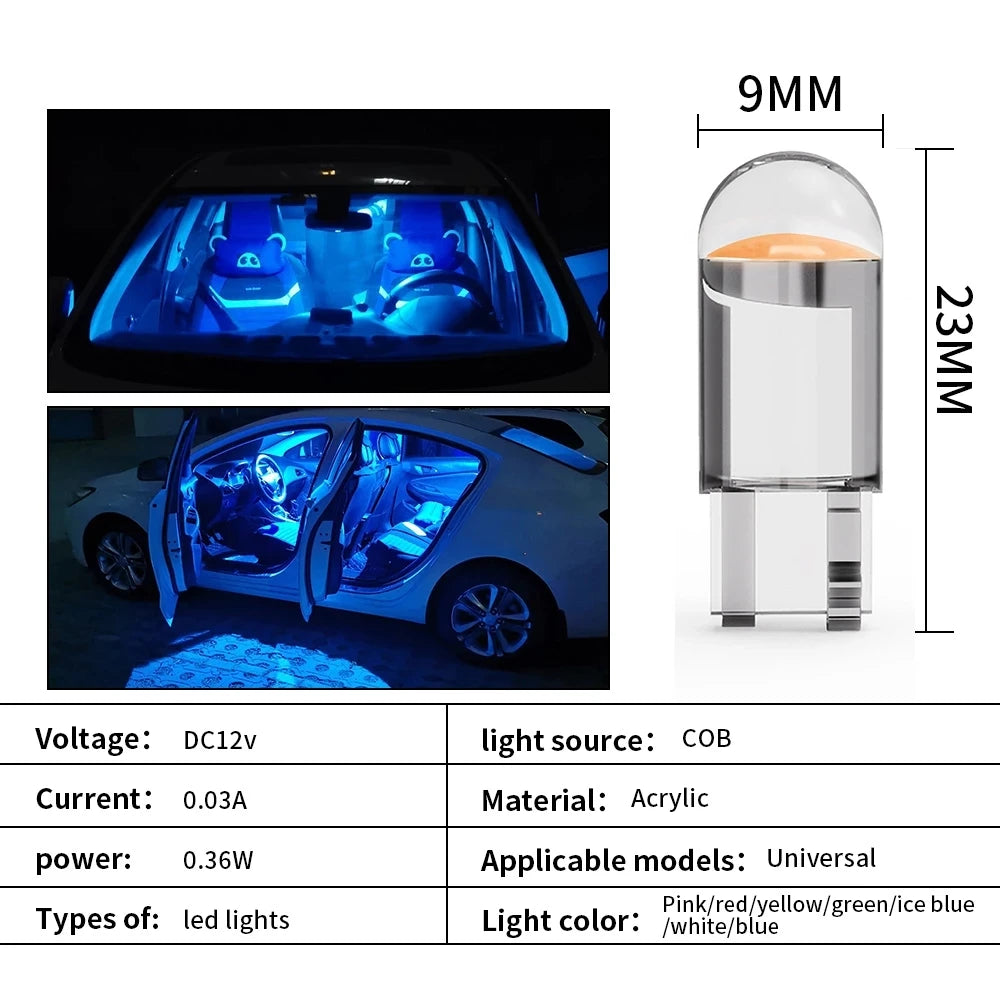 10X nueva W5W LED T10 luces de coche COB de cristal para interior bombillas blanco hielo azul amarillo Auto matrícula lámpara domo luz de lectura 12V