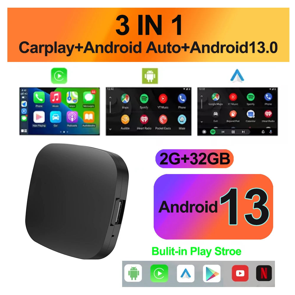 Adaptador inalámbrico 3 en 1, Android 13, AI Carplay, Android Auto, OEM, con cable a caja inalámbrica CarPlay, rápido, alérgico, prometedor Netflix