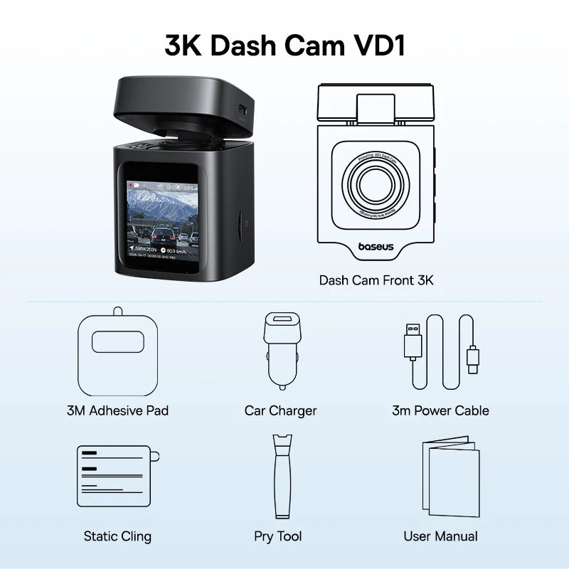 Baseus 3K Dash Cam VD1 Front and Rear Camera HD Built-in GPS Galileo Supercapacitor Car DVR Car Camera Recorder Supports 24H Parking