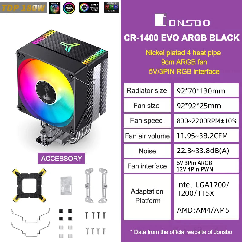 JONSBO CR1400 EVO refroidisseur de processeur 4 HeatPipes ARGB PWM processeur radiateur d'air ventilateur silencieux pour LGA1700 1200 1151 1150 AM4 AM5