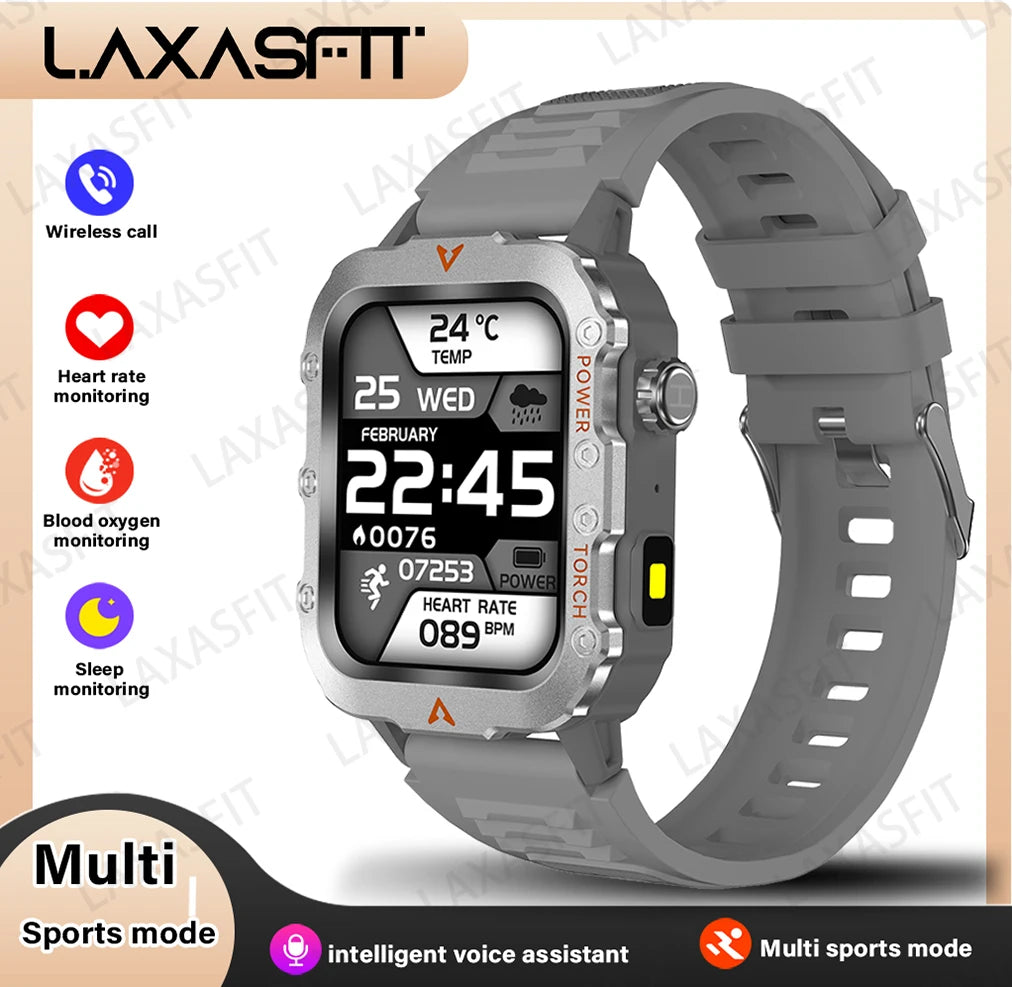 LAXASFIT nuevo reloj inteligente para hombre con linterna LED, reloj inteligente deportivo para exteriores, reloj de pulsera con monitoreo de salud