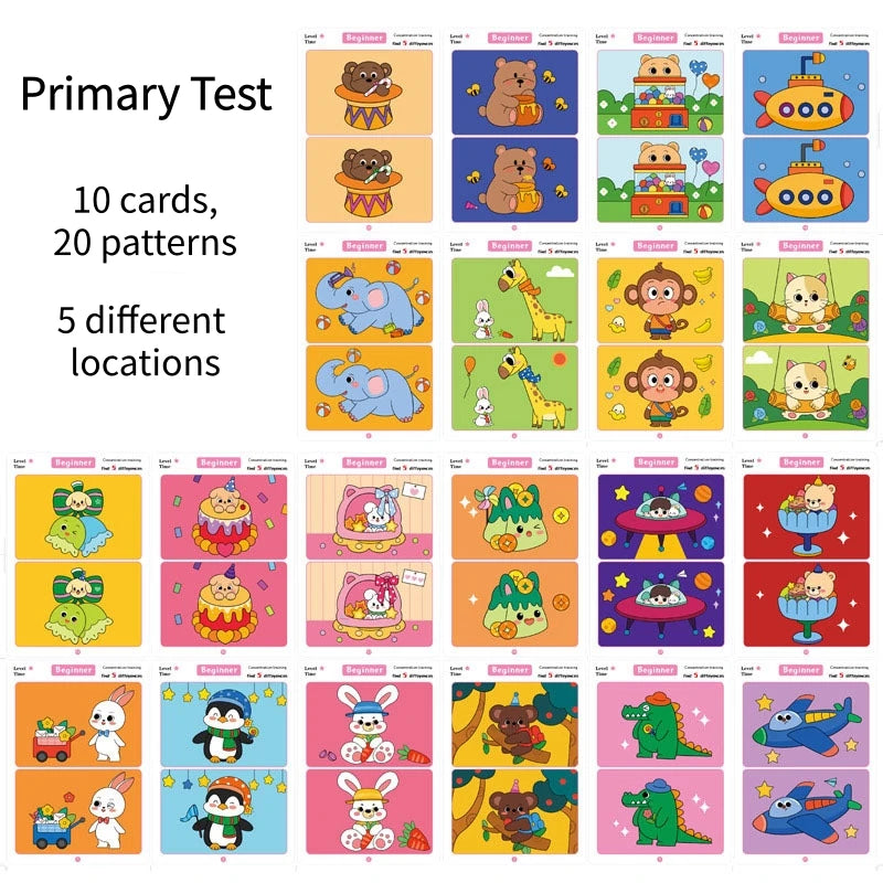Juego de cartas educativo y reutilizable de dibujos animados para niños Encuentra las diferencias Encuentra niveles de dificultad para entrenar la atención y la concentración