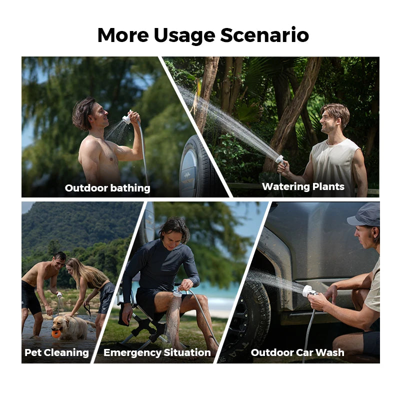 Douche de Camping Portable Électrique IPX7 — 16W, 3 L/min, Tuyau 2,2 m, USB-C