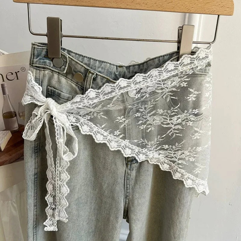 Minifalda de encaje triangular para mujer, media falda apilada estilo coreano, delantal pequeño, cortina de cadera, gasa suave, de moda