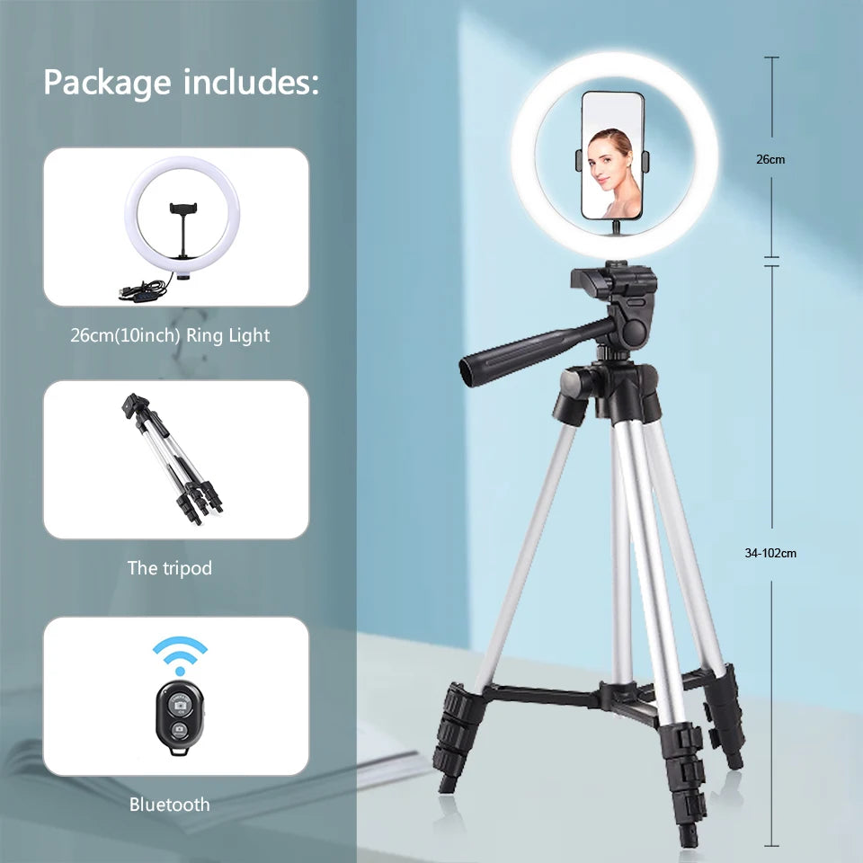Anneau Lumineux LED Selfie 26 cm avec Trépied — Éclairage Photo, Vidéo & YouTube