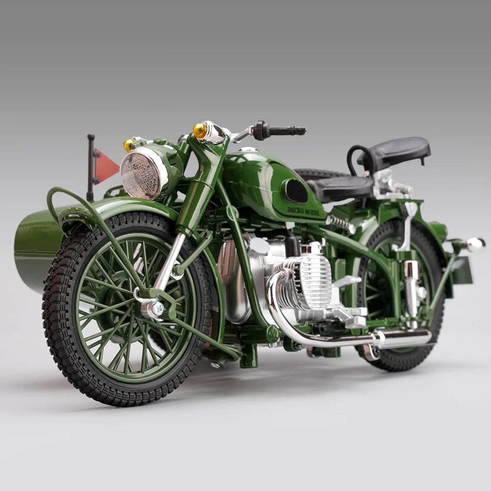 Moldeado a presión 1:10 Sidecar Triciclo modelo de simulación de aleación con luz y sonido, coche de juguete retro, adornos, coche en miniatura de colección, regalo para niño