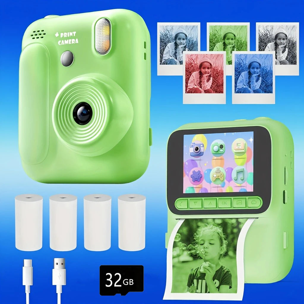 Cámara instantánea para niños, impresión a color, 32 GB, 1080P, juguetes de impresión térmica, fotos, videojuegos, música, regalo para niños