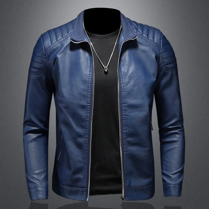 Chaqueta de cuero PU para motocicleta para hombre, cuello alto, rompevientos casual, ropa ChimMens, negro, azul, invierno, 2024