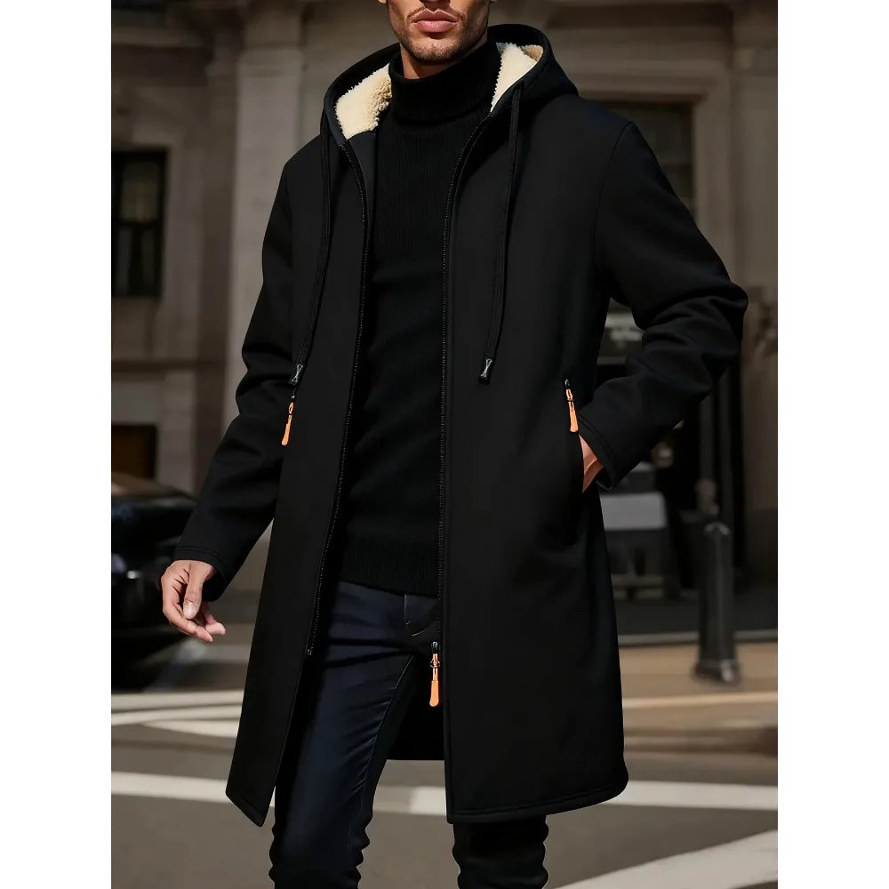 Manteau Long chaud d'hiver pour hommes, veste à fermeture éclair, coupe-vent en polaire épaisse, pardessus coupe-vent décontracté, couleur contrastée, veste à capuche