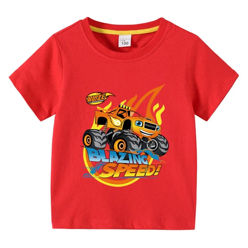 Kids' Short Sleeve Cotton T-shirt, Funny Cartoon Print, Blaze and the Monster Machines Series
