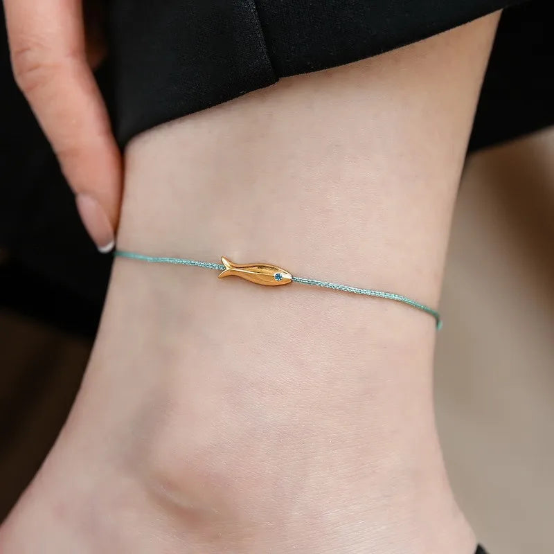 Pulsera de cuentas de oro, amuleto de la suerte, adorno de pez, accesorios de pie pesados, regalo para amigos, cuerda verde, simple, personalidad