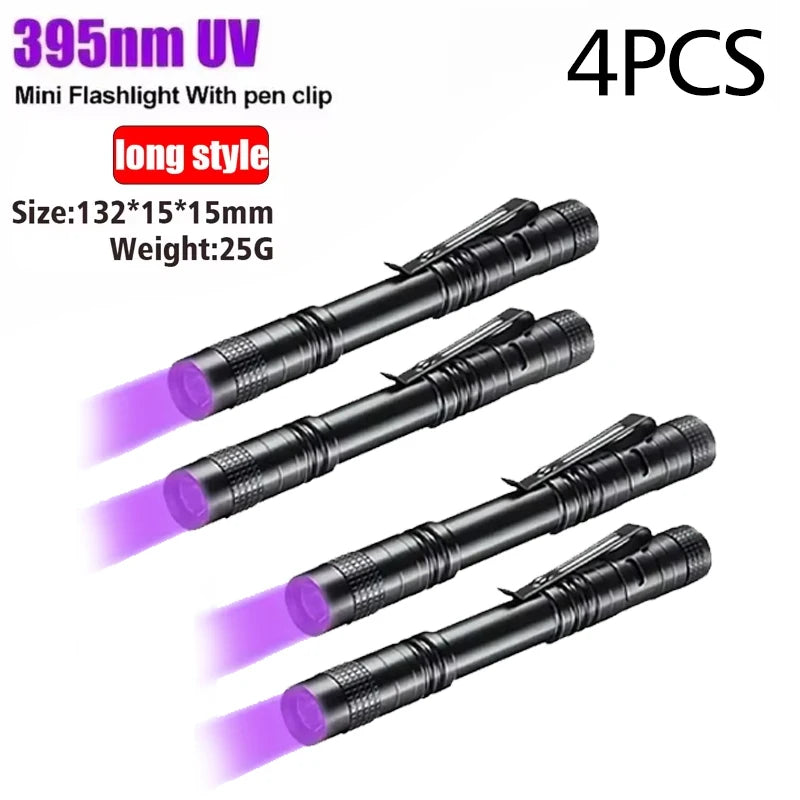 Lampe de poche UV 395nm, torche ultraviolette avec pince à stylo, piles AAA portables utilisées, lumière violette, détecteur d'urine animale et de Scorpion, lampe UV