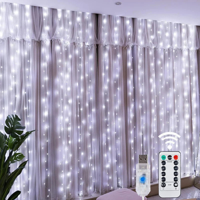 Cortina de luces LED con control remoto USB, 8 modos, decoración navideña para el hogar, vacaciones, Año Nuevo