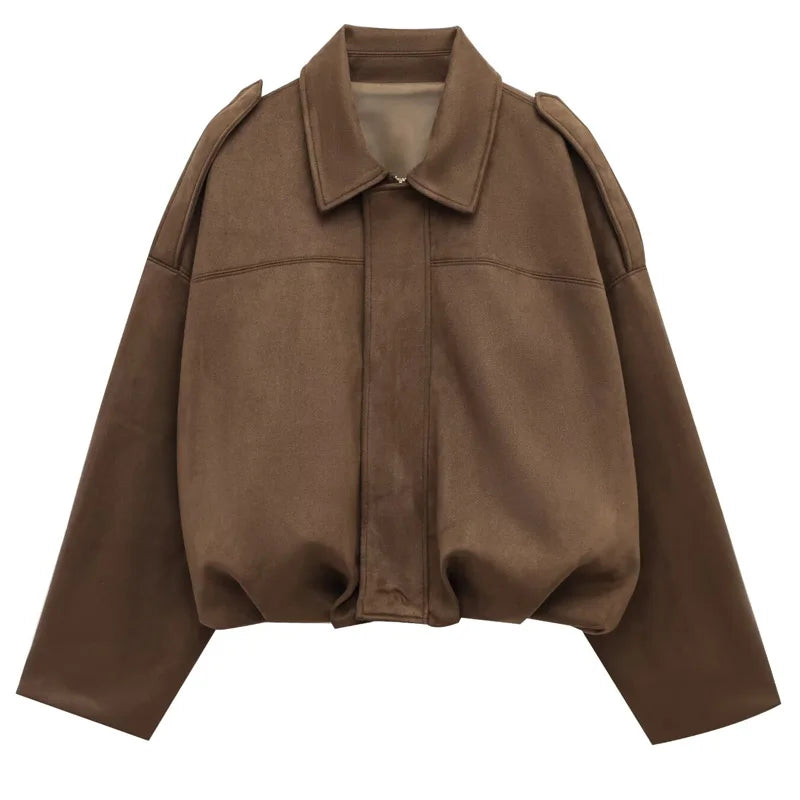 HXAO femmes Bomber veste revers fermeture éclair manches longues veste en daim femmes 2025 haute rue recadrée vestes de course manteaux vêtements d'extérieur