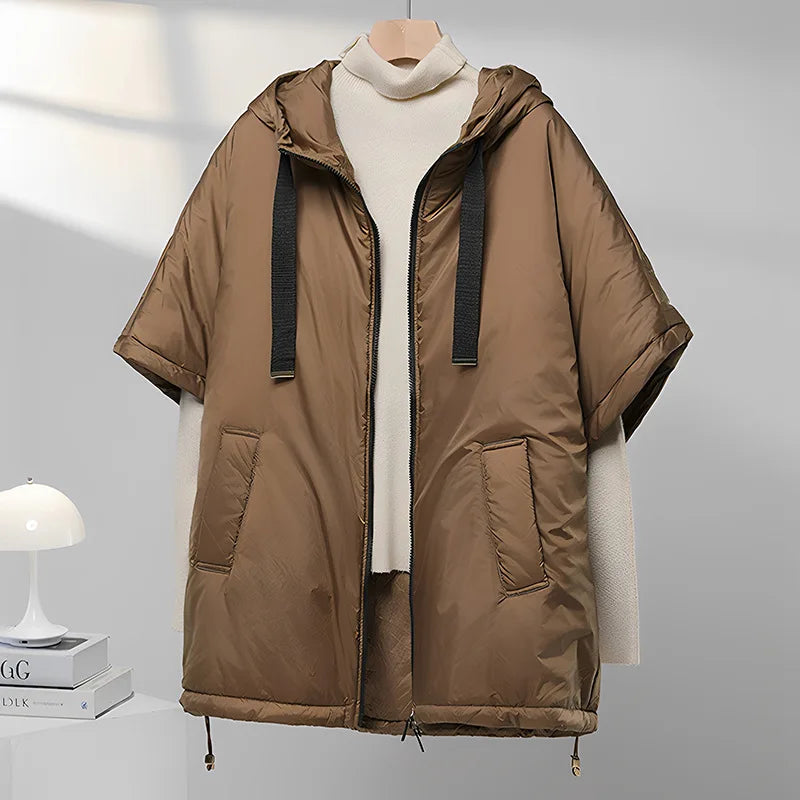 Chaleco de mujer Schinteon camel tipo capa de plumas con capucha holgado sin mangas, chaleco sólido de moda, chaqueta de otoño invierno 2025 nuevo