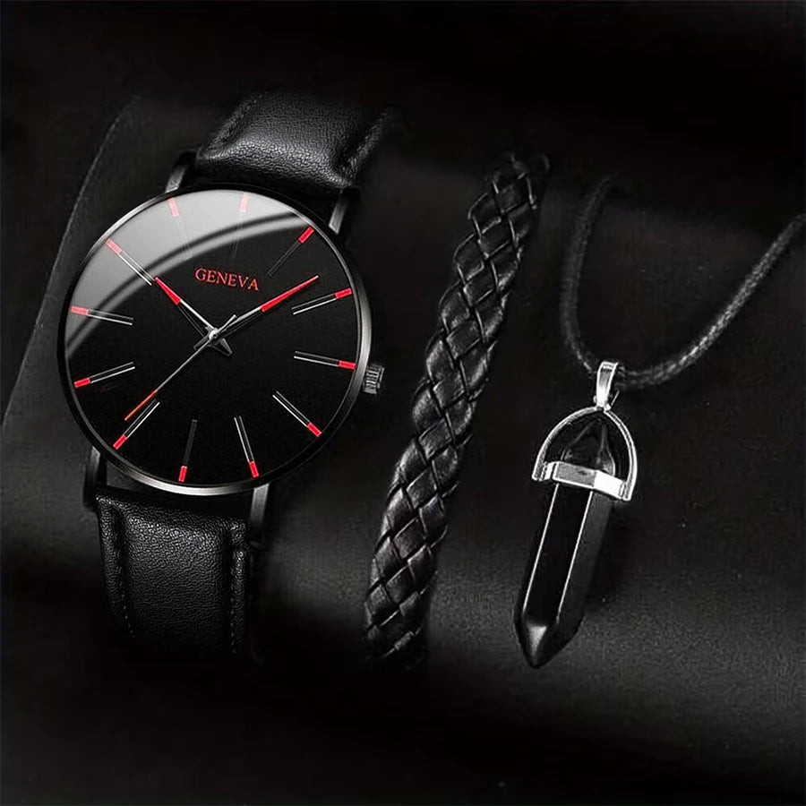 Ensemble Montre Bracelet Collier Homme 3 Pièces — Cuir Décontracté Quartz