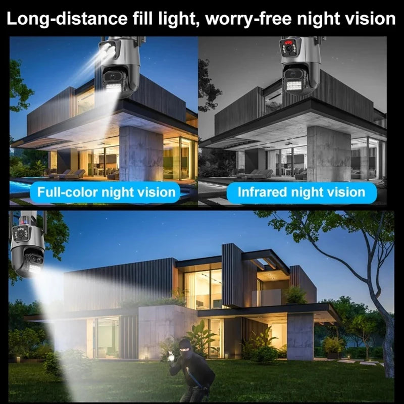 Cámara exterior Wifi PTZ 4K 8MP HD Doble lente Doble pantalla AI Seguimiento automático 4MP Videovigilancia Alarma de luz de policía iCSee