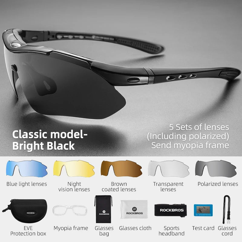 Lunettes de soleil sport cyclisme polarisées — route, VTT, équitation, protection, 5 lentilles