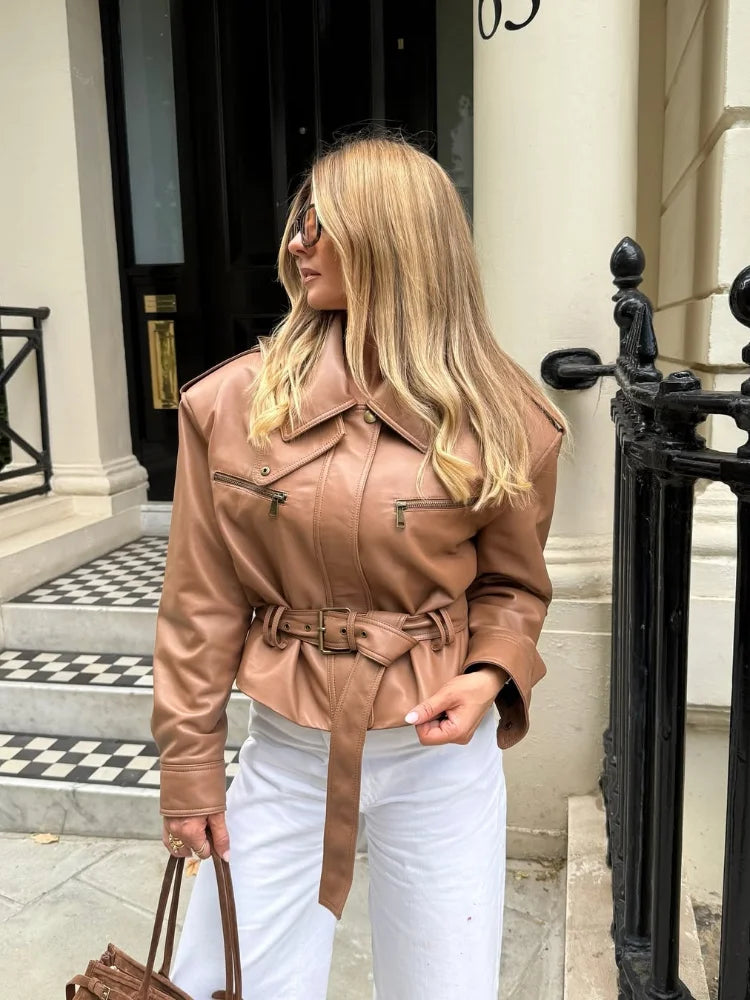 Women's Solid Burgundy Slim-Fit Lace-Up High-Neck Zip Bucket Fashion Short Jackets 2025 Ladies High Street Coat