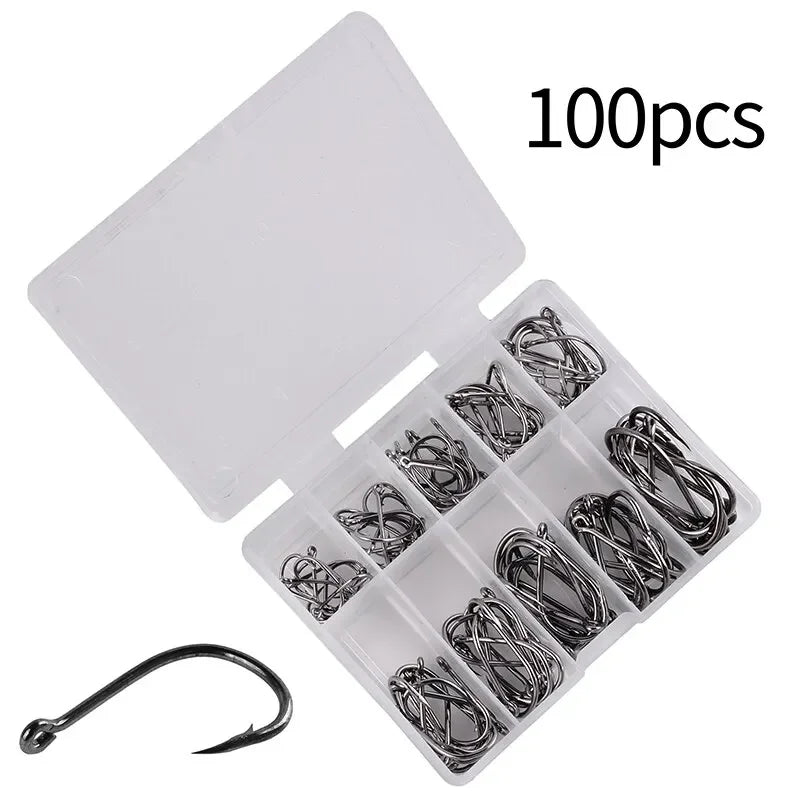 Ensemble d'Hameçons Pêche 100 Pièces — Acier Haute Teneur Carbone, Cercle Barbelé, Carpe, Mouche