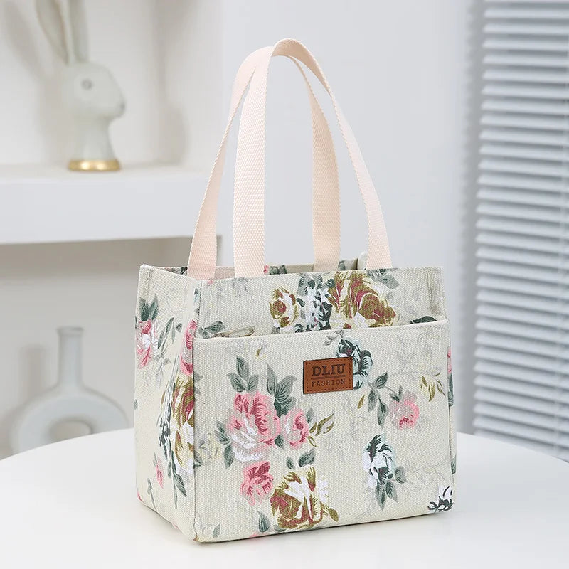 Bolsa de almuerzo estética con estampado floral, bolsa bento aislada de gran capacidad, bolsa térmica para la escuela, el trabajo, los viajes y pícnic