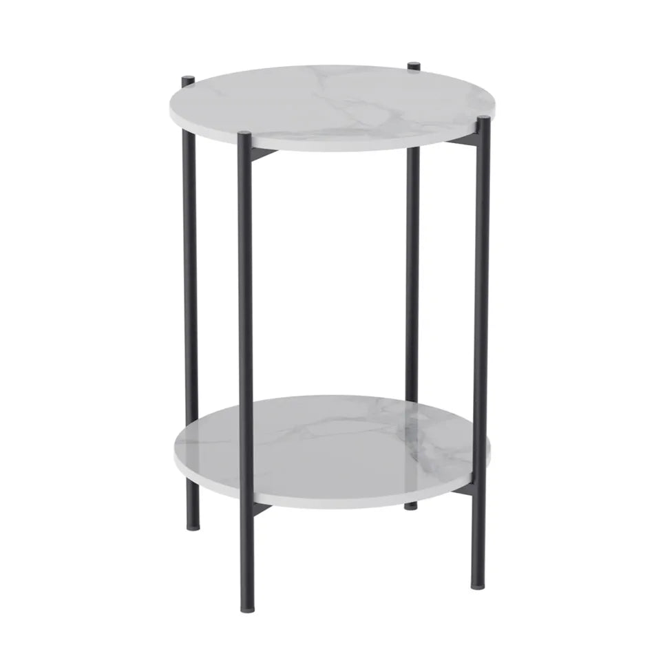 LUVODI Mesas auxiliares redondas de 2 niveles para sofá, soporte para plantas con estante de almacenamiento, estructura de metal para sala de estar y dormitorio