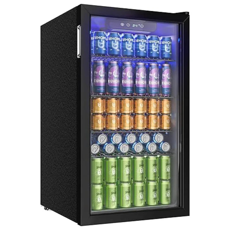 Refrigerador de bebidas con puerta de vidrio para 126 latas, estantes ajustables, para cerveza/vino, hogar/bar/oficina, acero inoxidable negro